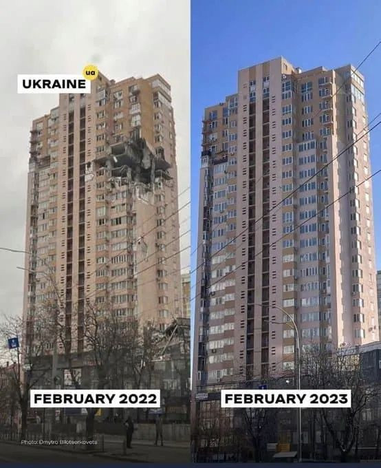 우크라이나 미사일 맞았던 아파트 복원 이미지 #1
